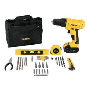 Kit taladro 3/8', 12V, 35 accesorios, en maleta, PRETUL